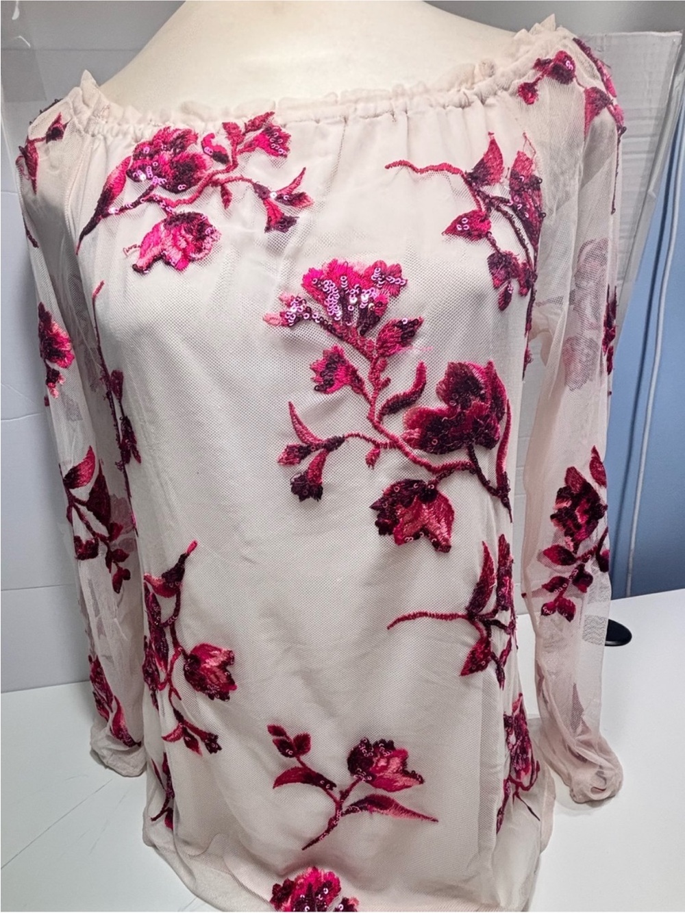 White House Black Market Off-The-Shoulder Floral Mesh
Sequin Top - Picture 3 of 5